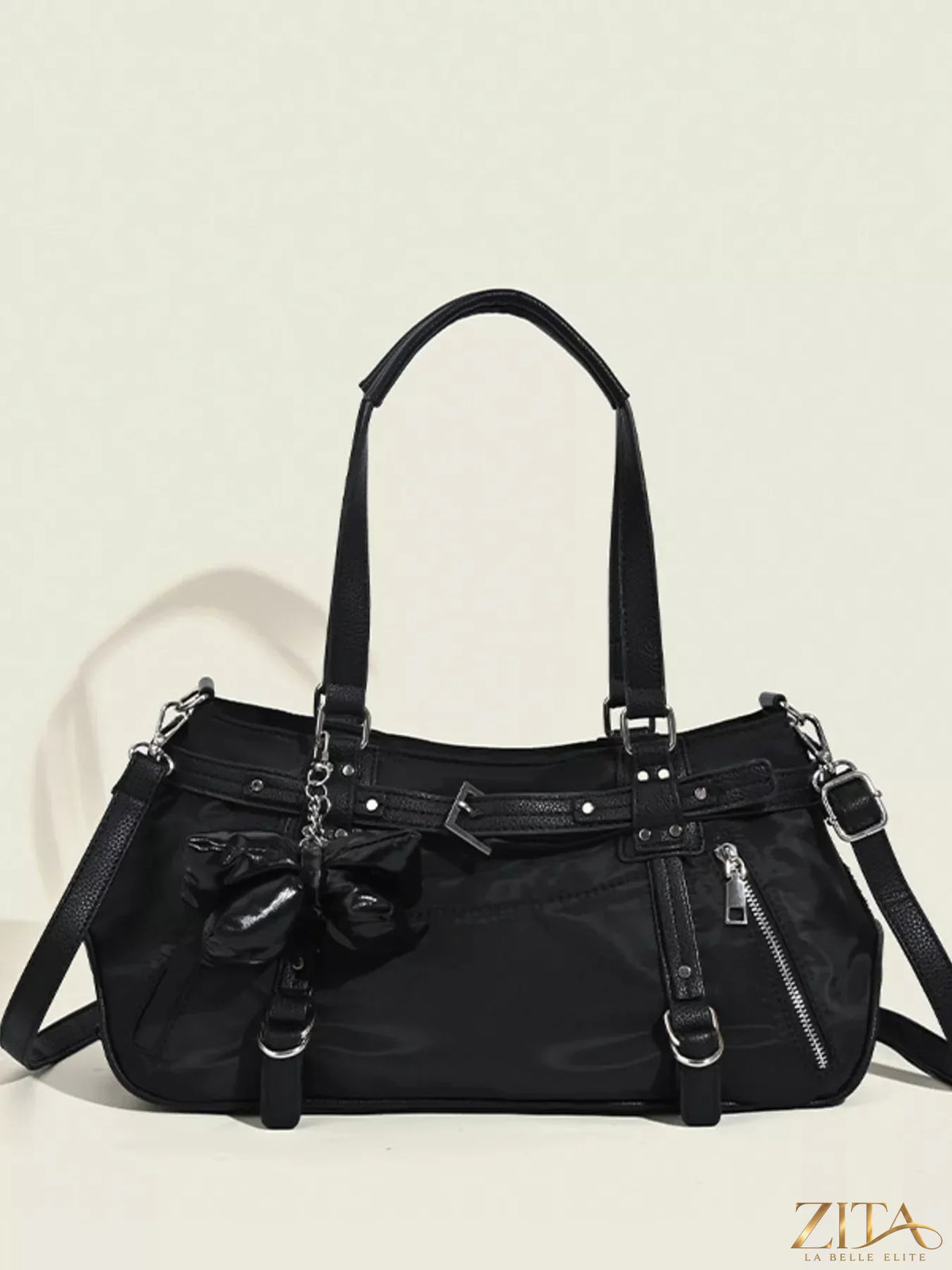 Leather handbag with buckle decor from Trendsi, featuring a sleek design and stylish details.