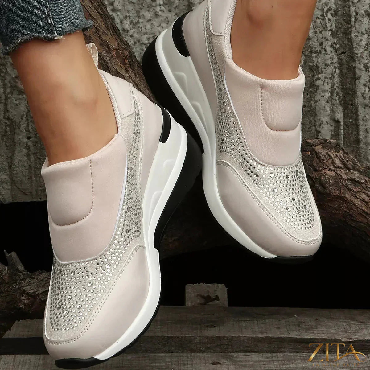 Zita La Belle Elite rhinestone embellished wedge sneakers showing glittering rhinestones and white wedge soles.