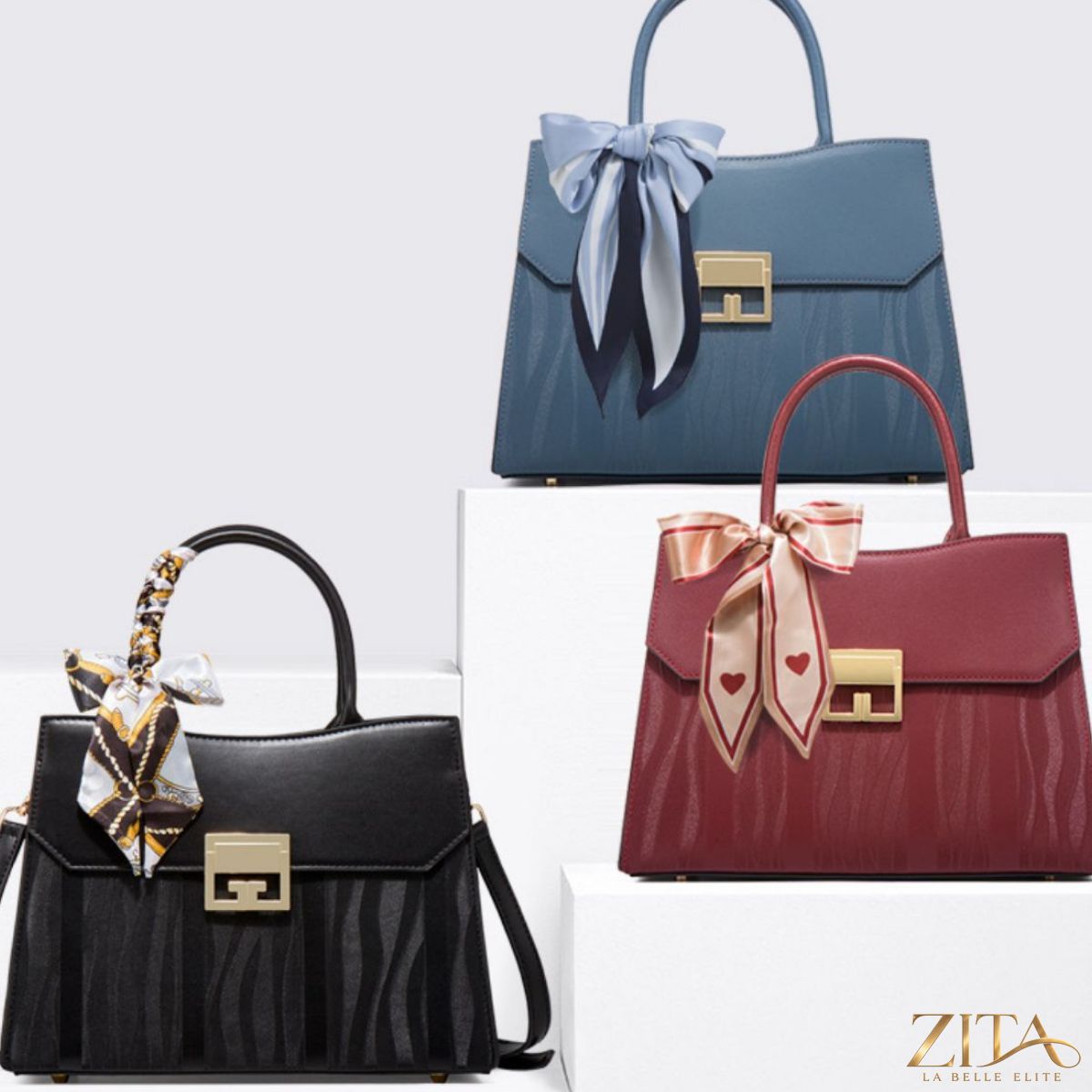 Zita La Belle Elite leather handbag with decorative scarf accent, showcasing elegant craftsmanship and stylish design.