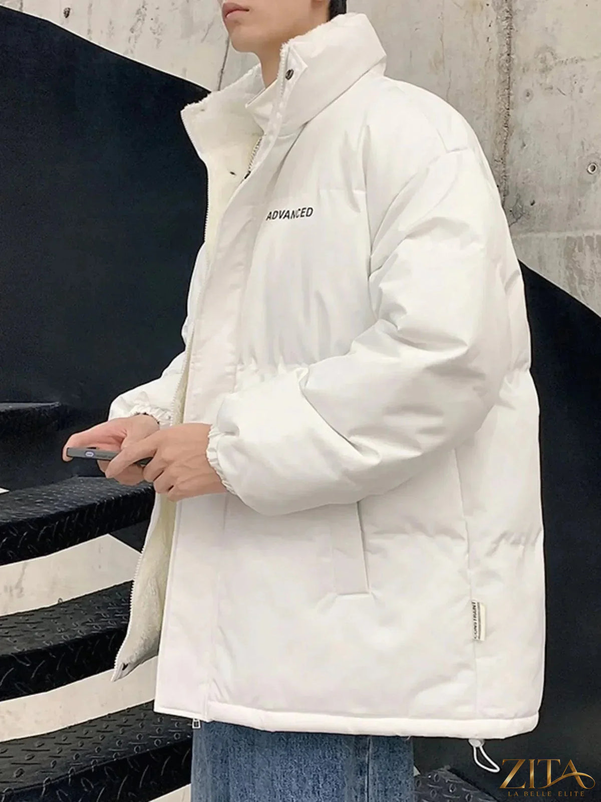Men's plus size quilted puff jacket with snap-down front from Zita La Belle Elite, featuring a padded, insulated design for warmth.