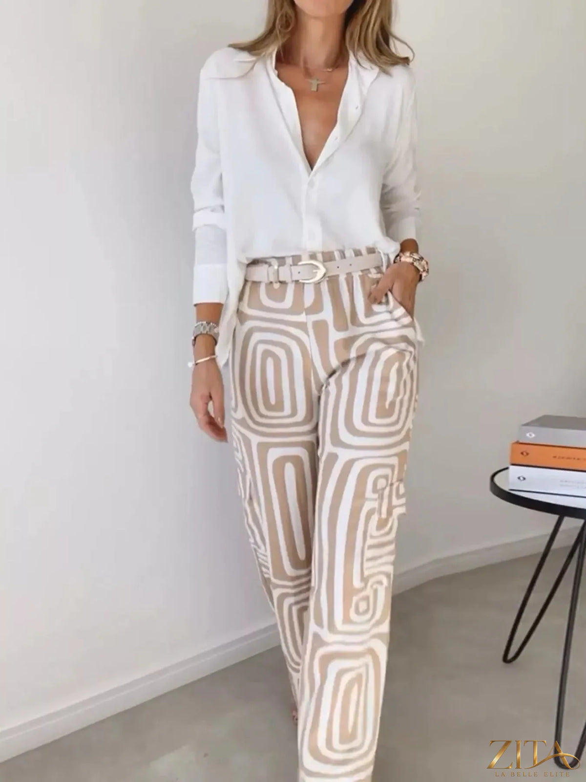 Plus size button-down shirt and geometric wide-leg pants set by Zita La Belle Elite, featuring a stylish and comfortable coordinated outfit.