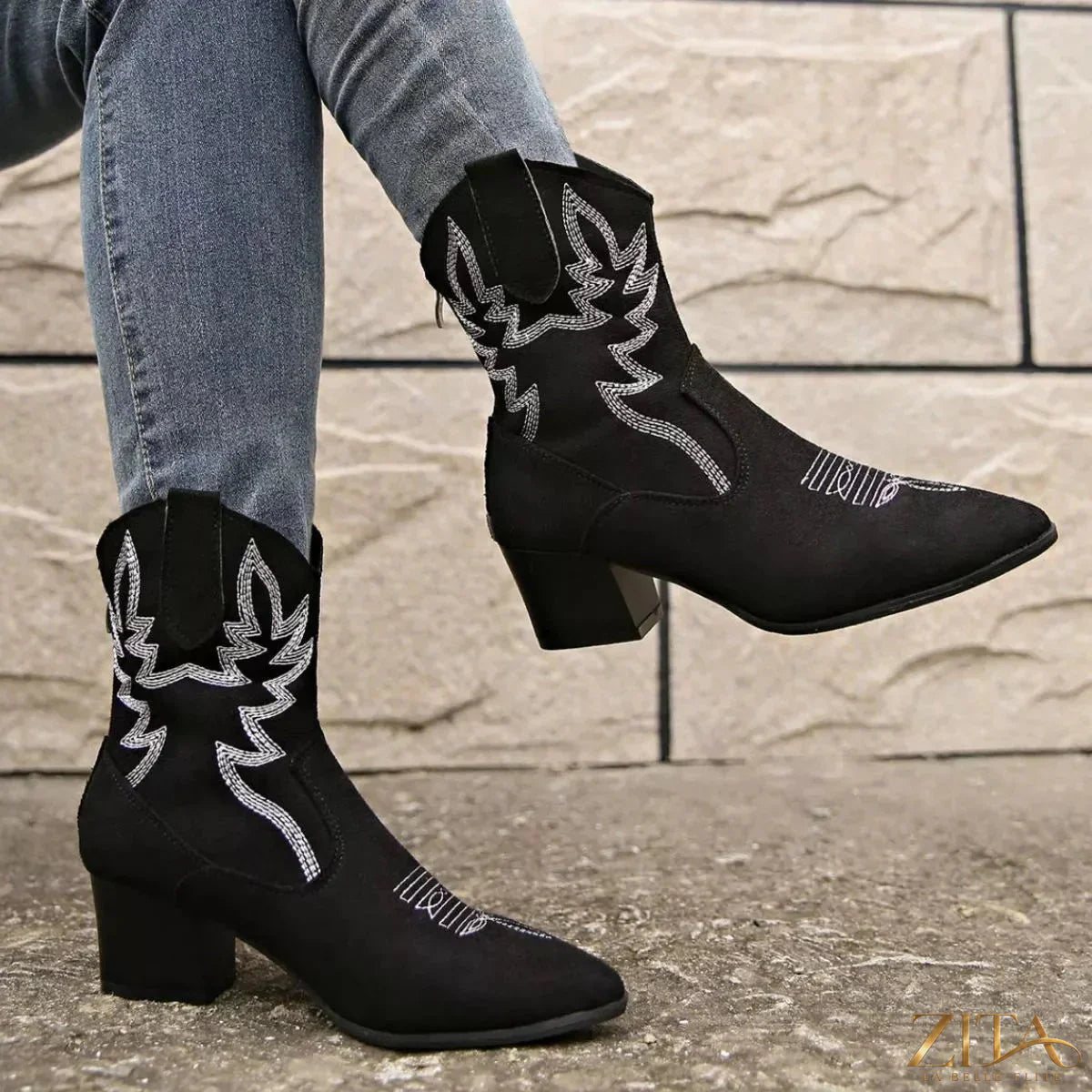 Zita La Belle Elite point toe block heel boots with sleek black leather and stylish ankle height.