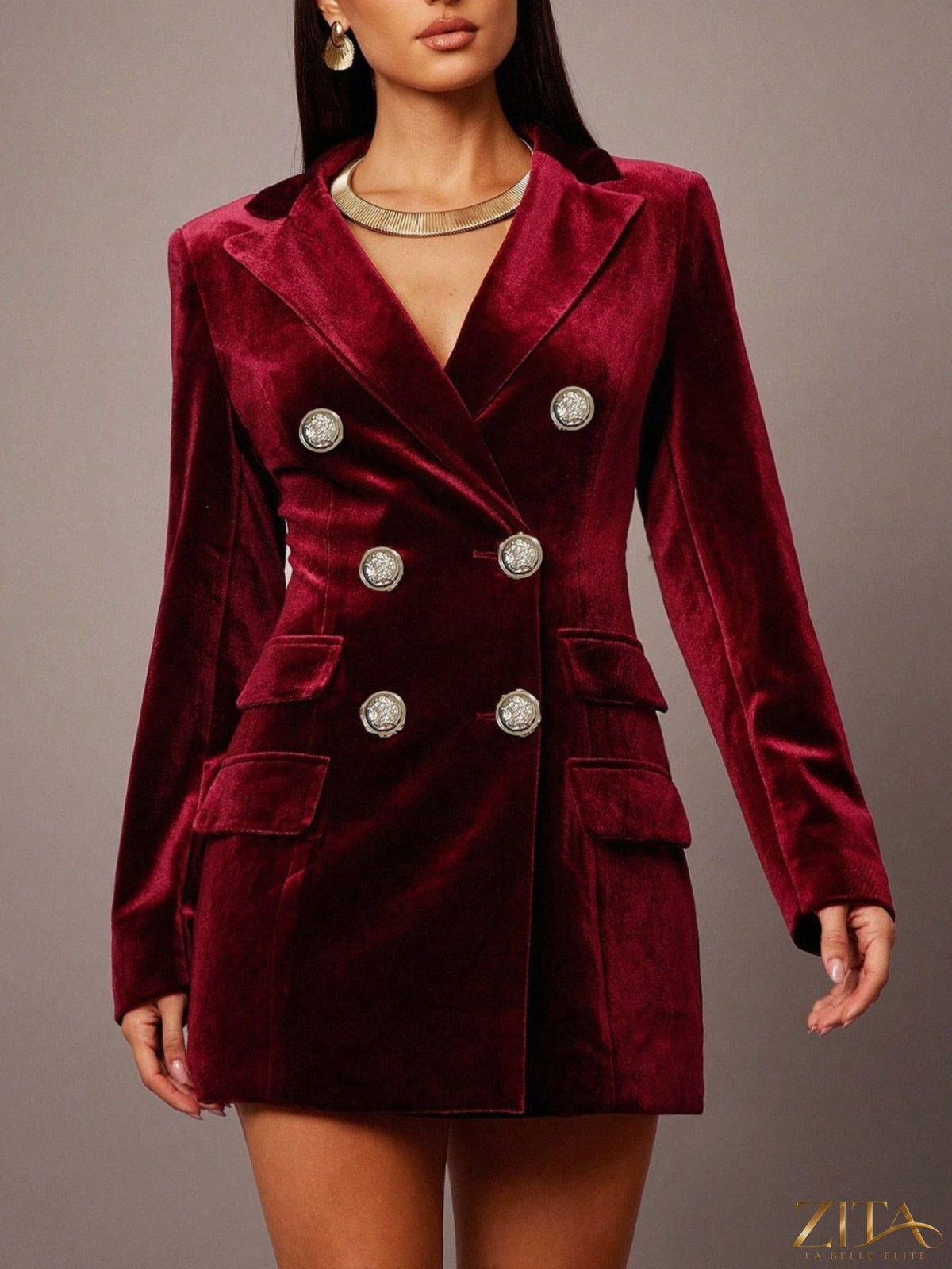 Velvet double-breasted blazer dress by Zita La Belle Elite, shown in rich navy with structured lapels and long sleeves.