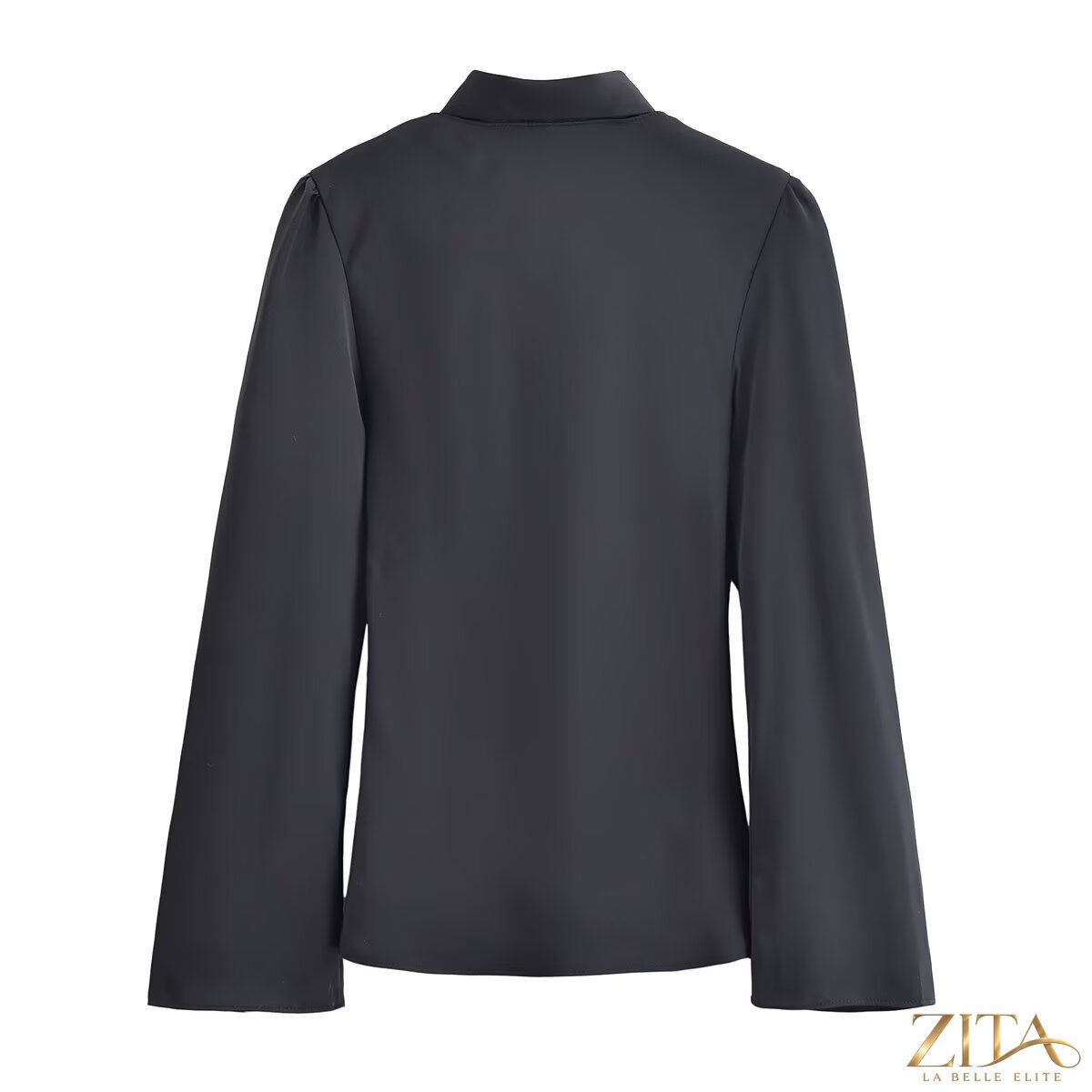 Women’s winter elegant silk satin V-neck scarf shirt by Zita La Belle Elite, showcasing a smooth satin texture and stylish design.
