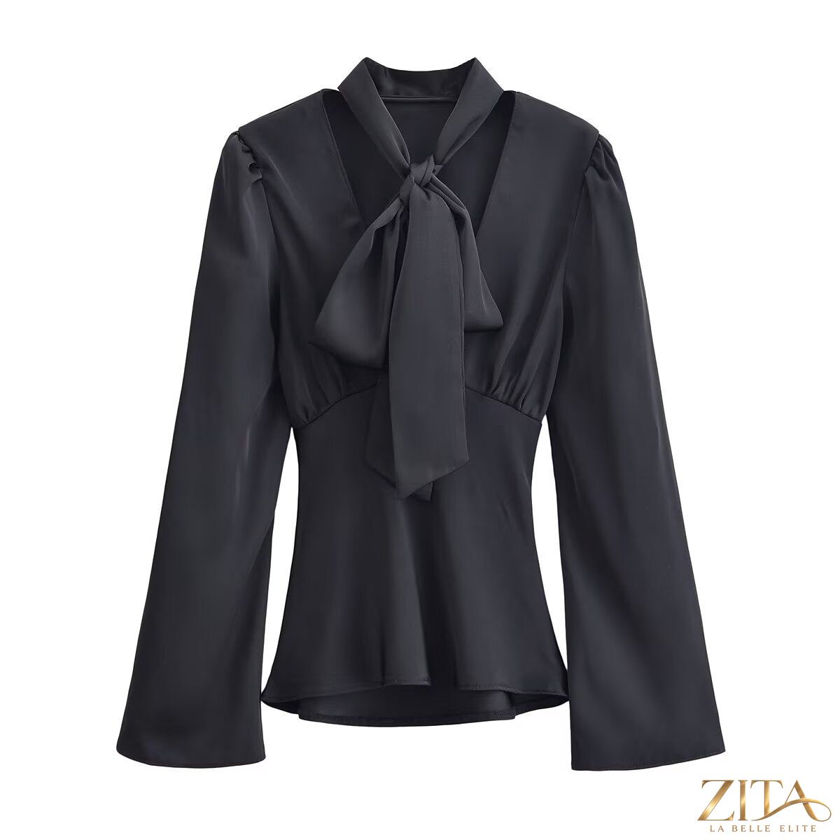Women’s winter elegant silk satin V-neck scarf shirt by Zita La Belle Elite, featuring a smooth satin texture and stylish design.