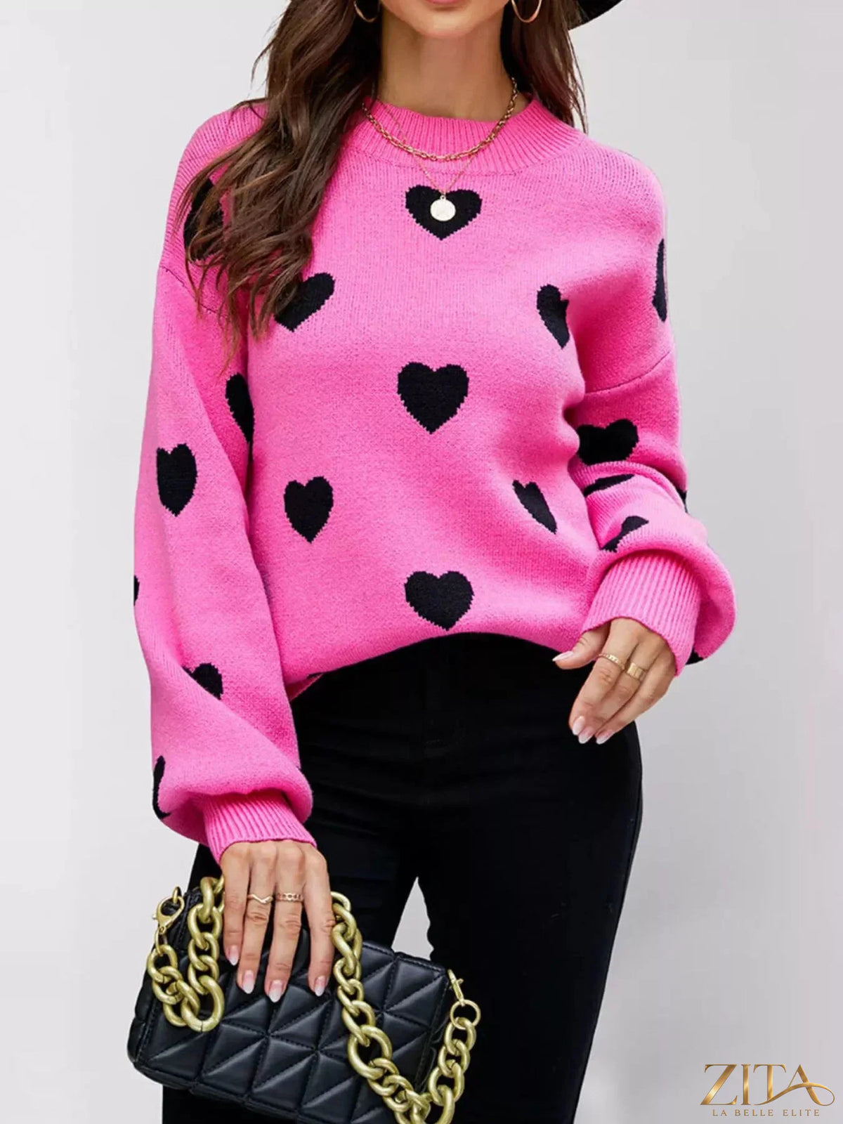 Zita La Belle Elite heart-patterned dropped shoulder sweater in soft knit fabric, featuring a cozy, casual design with long sleeves.