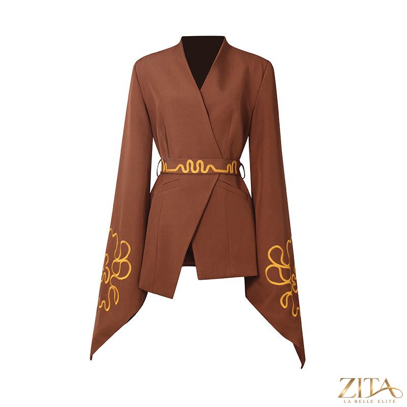 Zita La Belle Elite embroidered slim-fit blazer with flared sleeves, shown in a stylish tailored design.