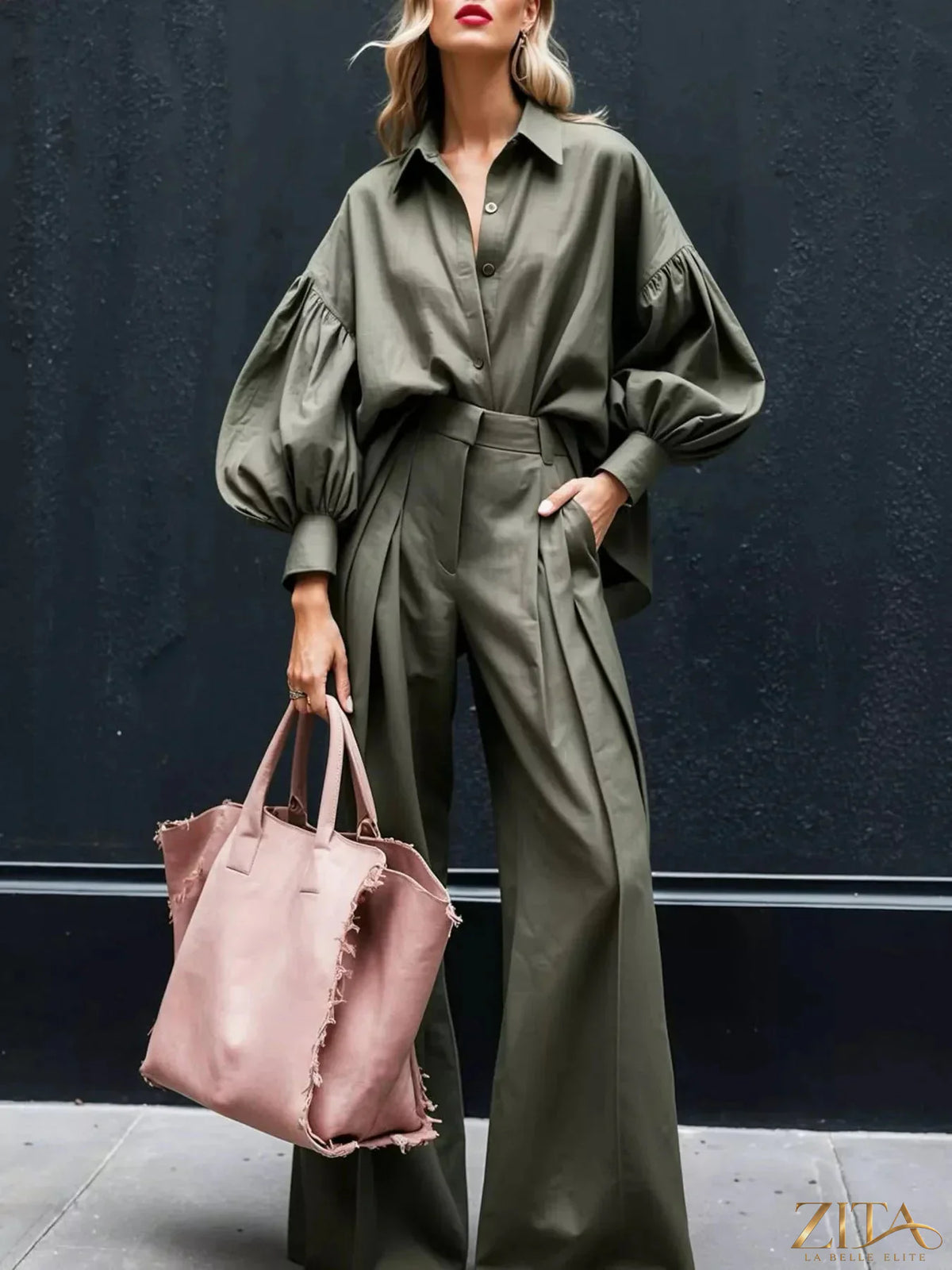 Zita La Belle Elite lantern sleeve shirt and wide-leg pants set, featuring flowy fabric and stylish design, shown in the product image.