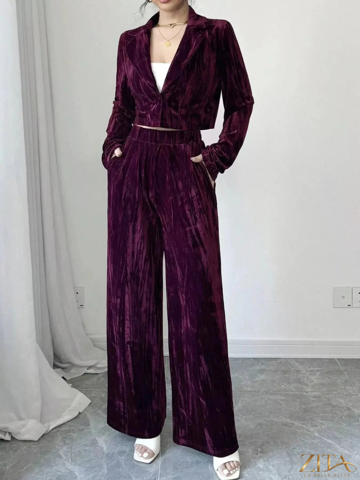 Zita La Belle Elite pleated velvet blazer and wide-leg pants set in deep burgundy, featuring tailored fit and luxurious fabric.