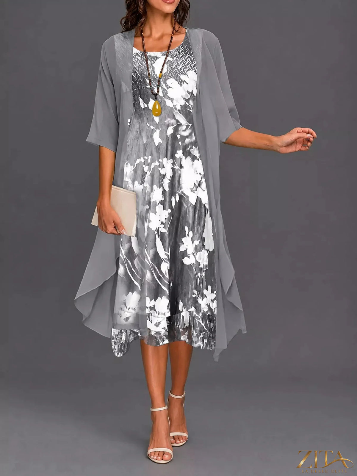 Plus size floral print midi dress with chiffon cardigan set by Zita La Belle Elite, featuring vibrant patterns and comfortable fit.