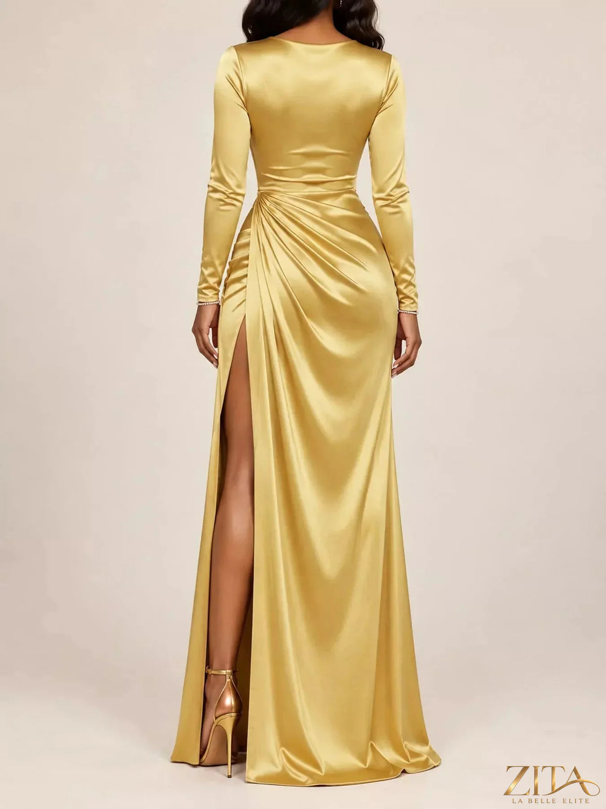 Plus size satin evening maxi dress with cowl neck and high slit by Zita La Belle Elite, featuring a flowing silhouette and elegant design.