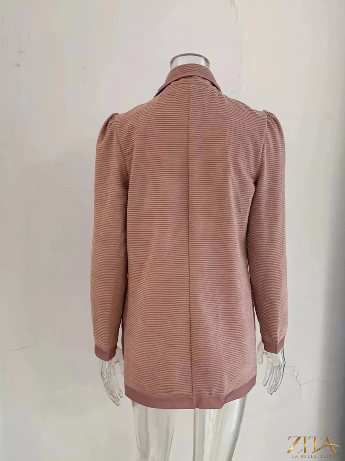 Zita La Belle Elite textured knit double-breasted blazer in neutral tone, tailored fit with lapel collar and button details.