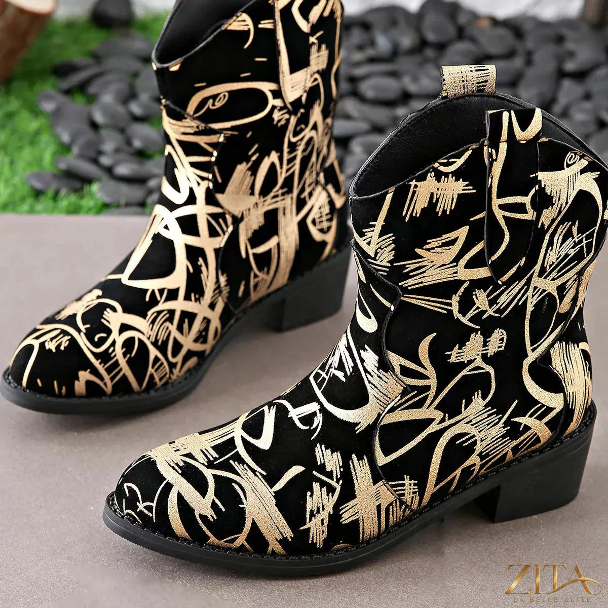 Zita La Belle Elite round toe block heel boots in black leather with a stylish chunky heel and ankle height design.