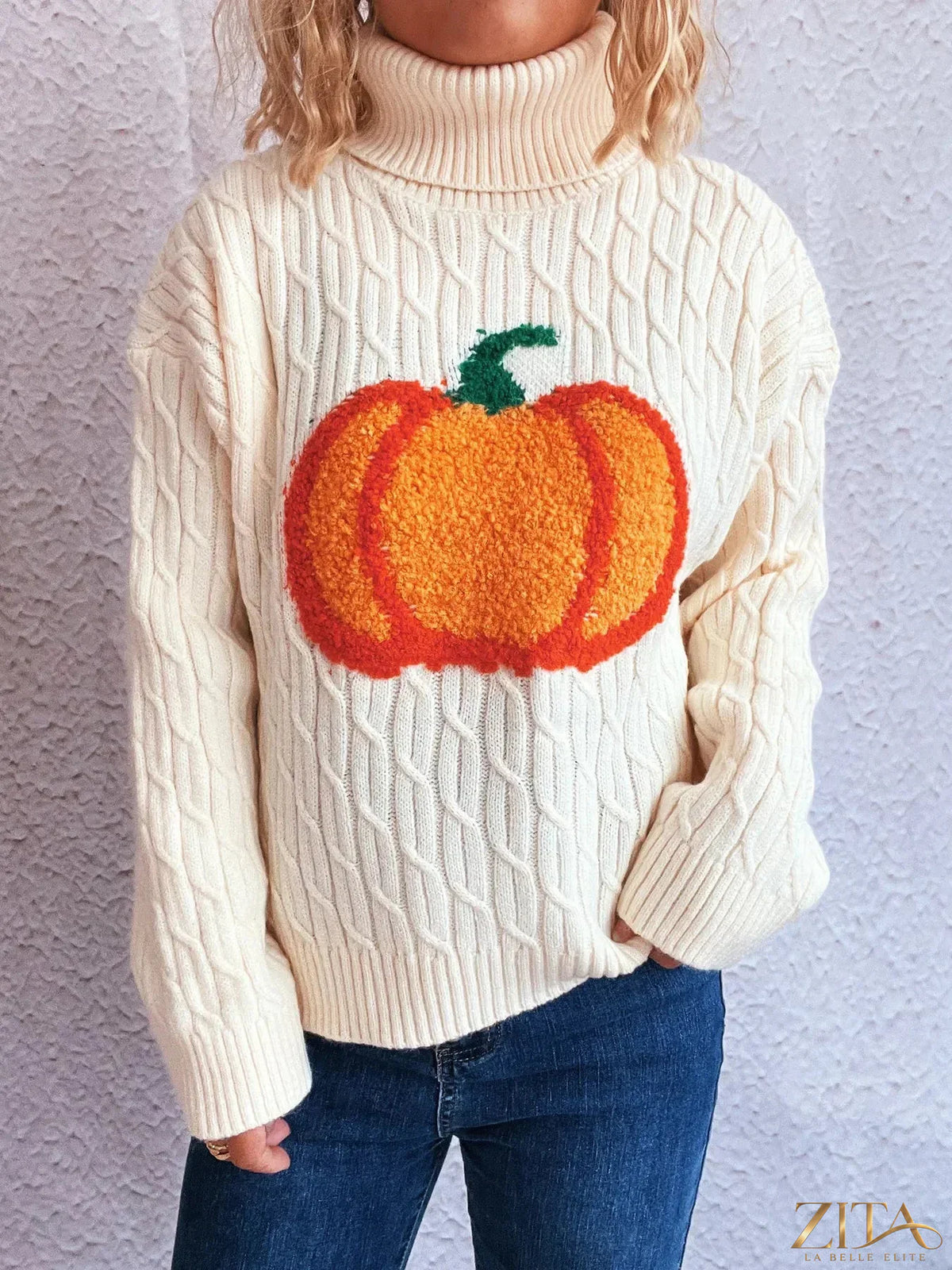 Orange pumpkin turtleneck long sleeve sweater by Trendsi, cozy knit with ribbed cuffs and a fitted design.