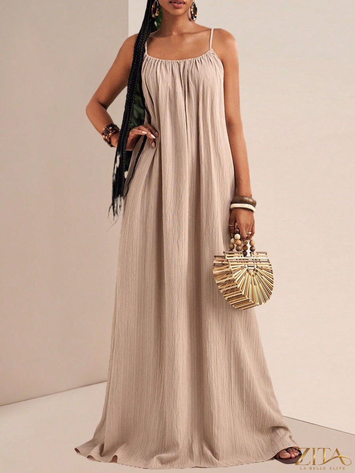 Zita La Belle Elite spaghetti strap flowy maxi dress in lightweight fabric, featuring a relaxed fit and elegant design.