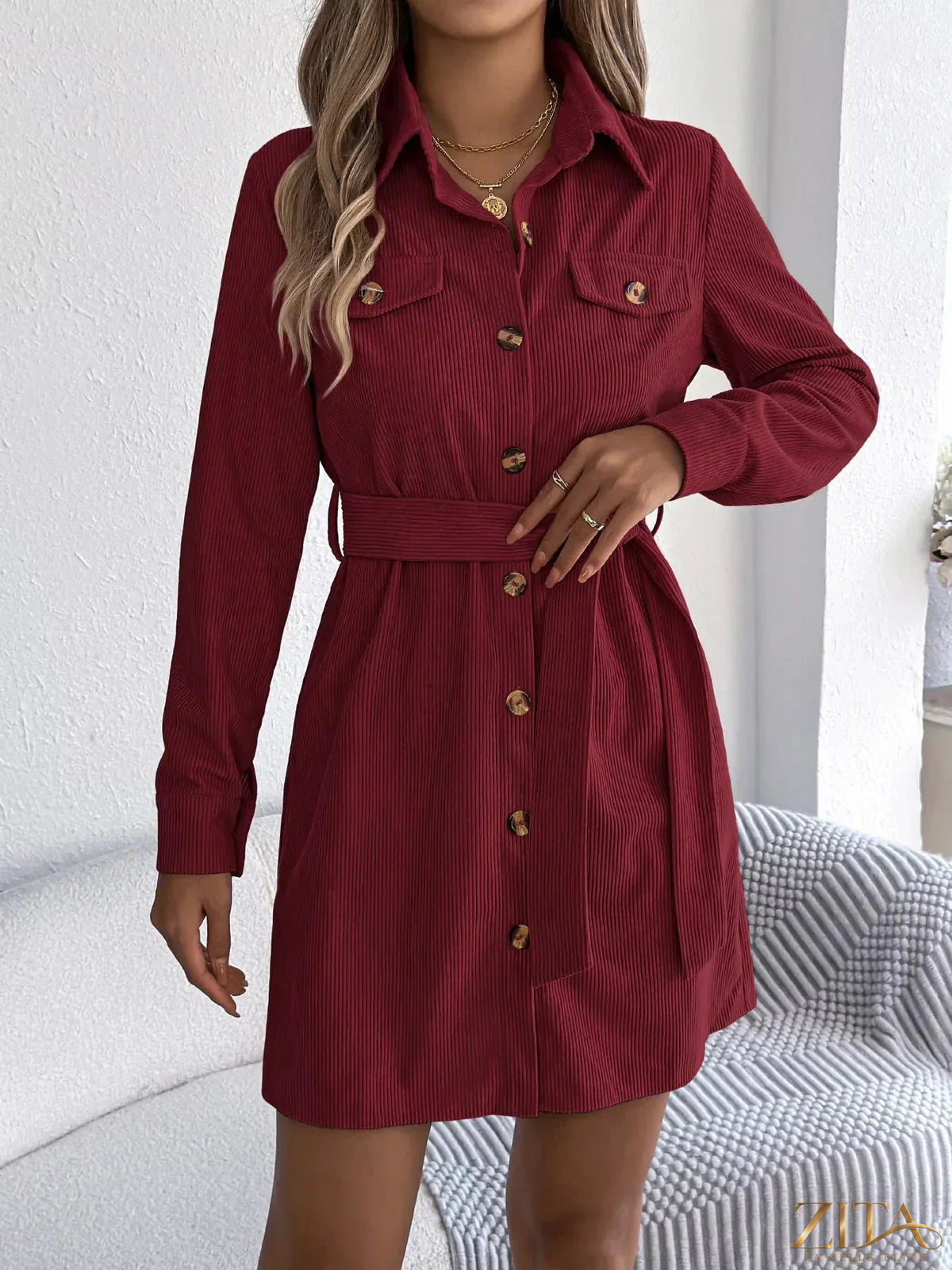 Zita La Belle Elite corduroy button-down shirt dress in earthy brown, featuring a classic collar and long sleeves.