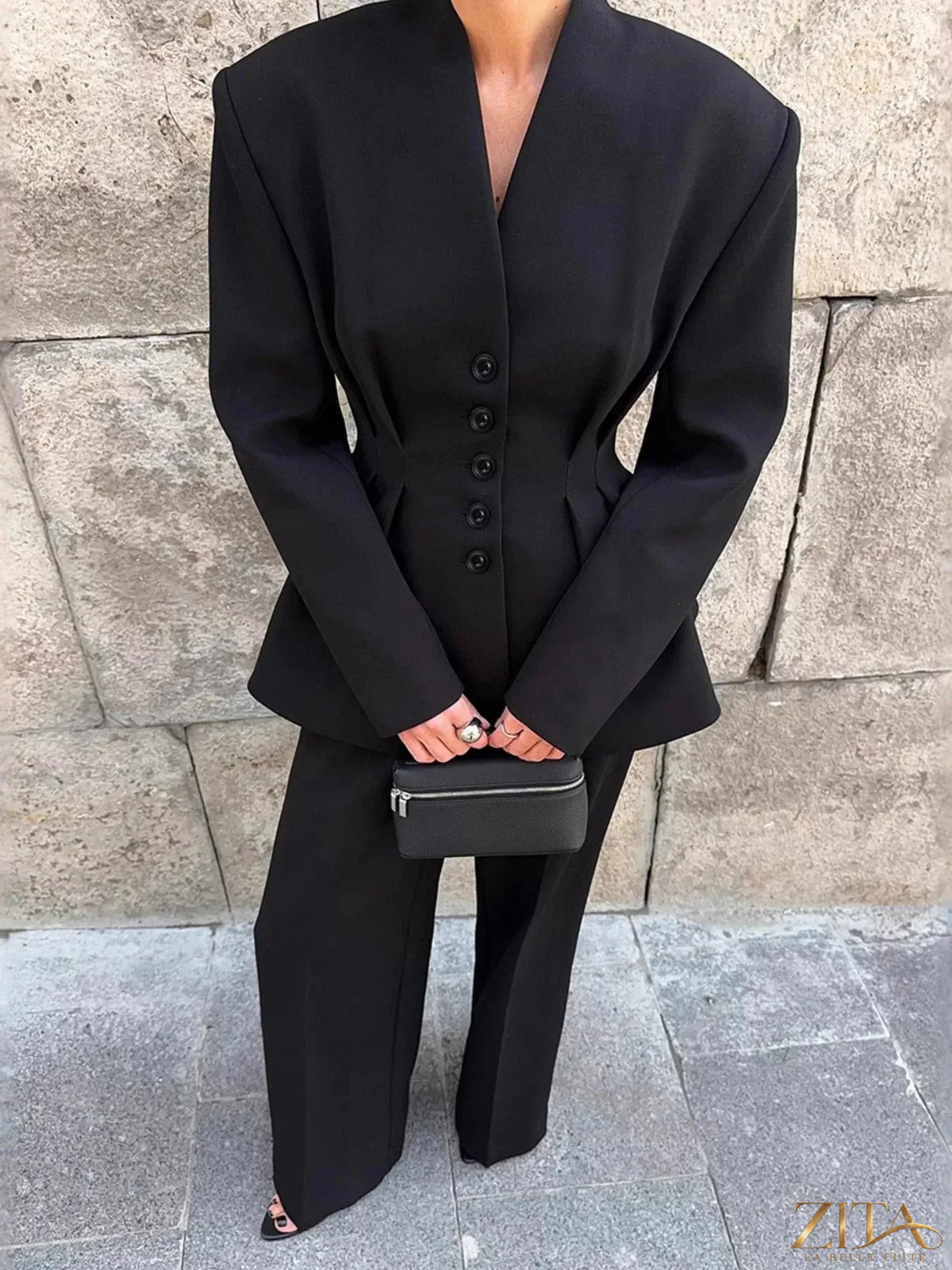 Zita La Belle Elite chic button-down pleated blazer and wide-leg pants suit set, stylish formal clothing for women.