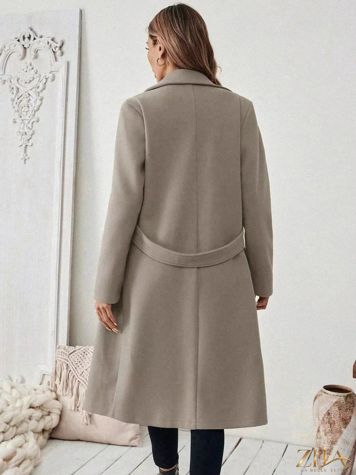 Zita La Belle Elite one button lapel collar overcoat displayed on a hanger, stylish winter outerwear for women