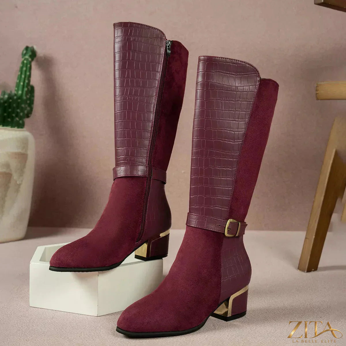 Zita La Belle Elite crocodile texture knee-high boots with pointed toes and sleek black finish, stylish footwear for women.