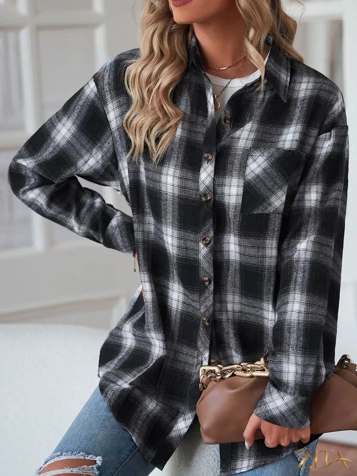 Zita La Belle Elite oversized plaid button-down shirt featuring a classic checkered pattern and relaxed fit.