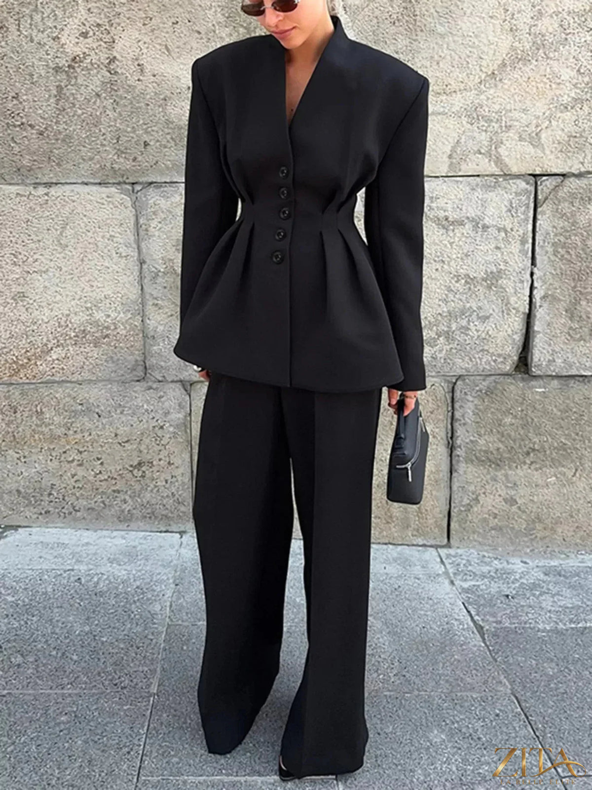 Zita La Belle Elite chic button-down pleated blazer and wide-leg pants suit set displayed on a model.