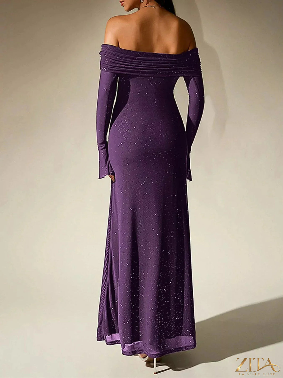 Zita La Belle Elite glitter off-shoulder maxi dress with shimmering fabric and flowing silhouette, perfect for elegant occasions.