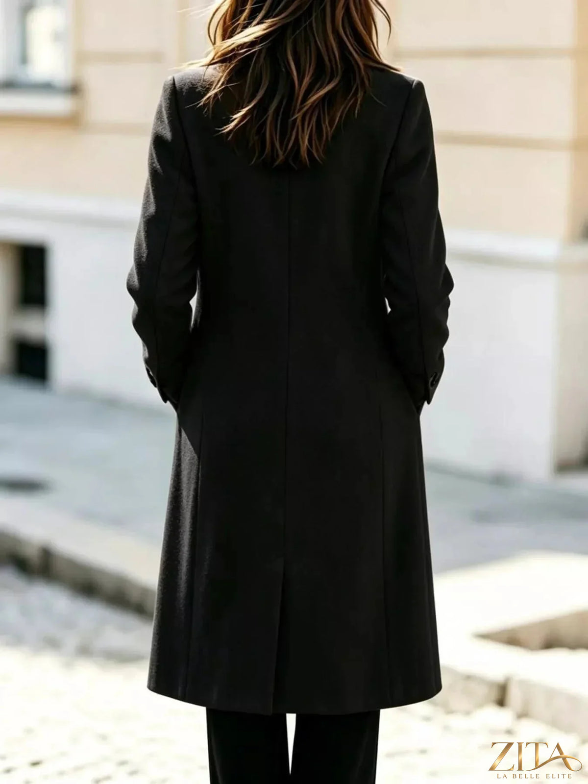 Zita La Belle Elite double-breasted coat with lapel collar, stylish winter outerwear in dark fabric, front buttons and tailored fit
