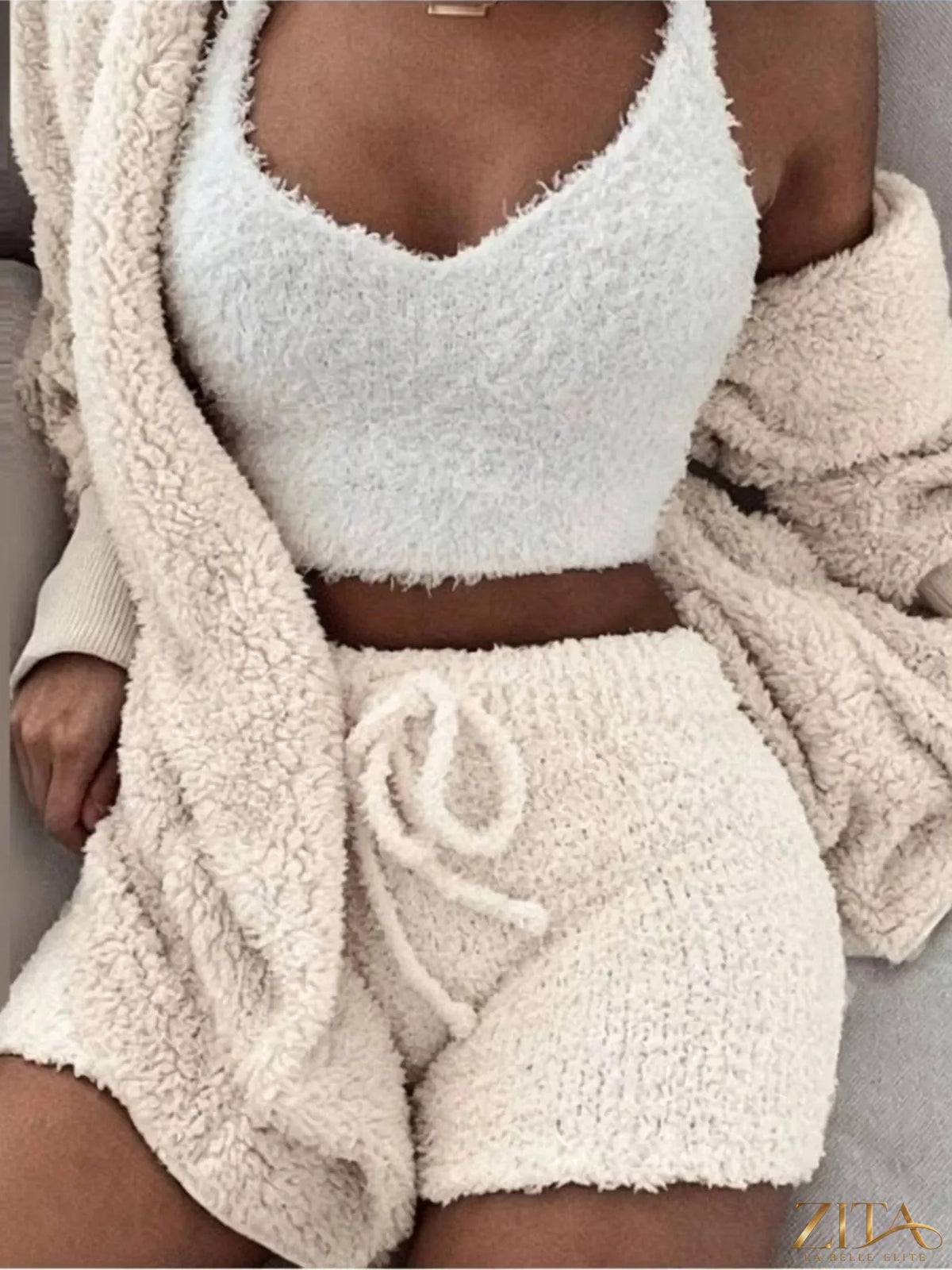 Plus size fuzzy plush cardigan lounge set by Zita La Belle Elite, featuring a cozy, soft, and comfortable 3-piece design.