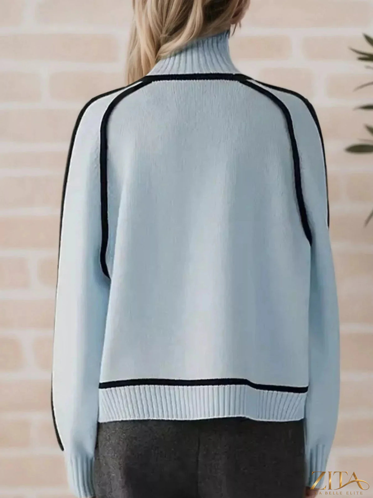 Zita La Belle Elite contrast trim turtleneck sweater in cozy knit fabric, featuring a stylish high neckline and contrasting trim details.