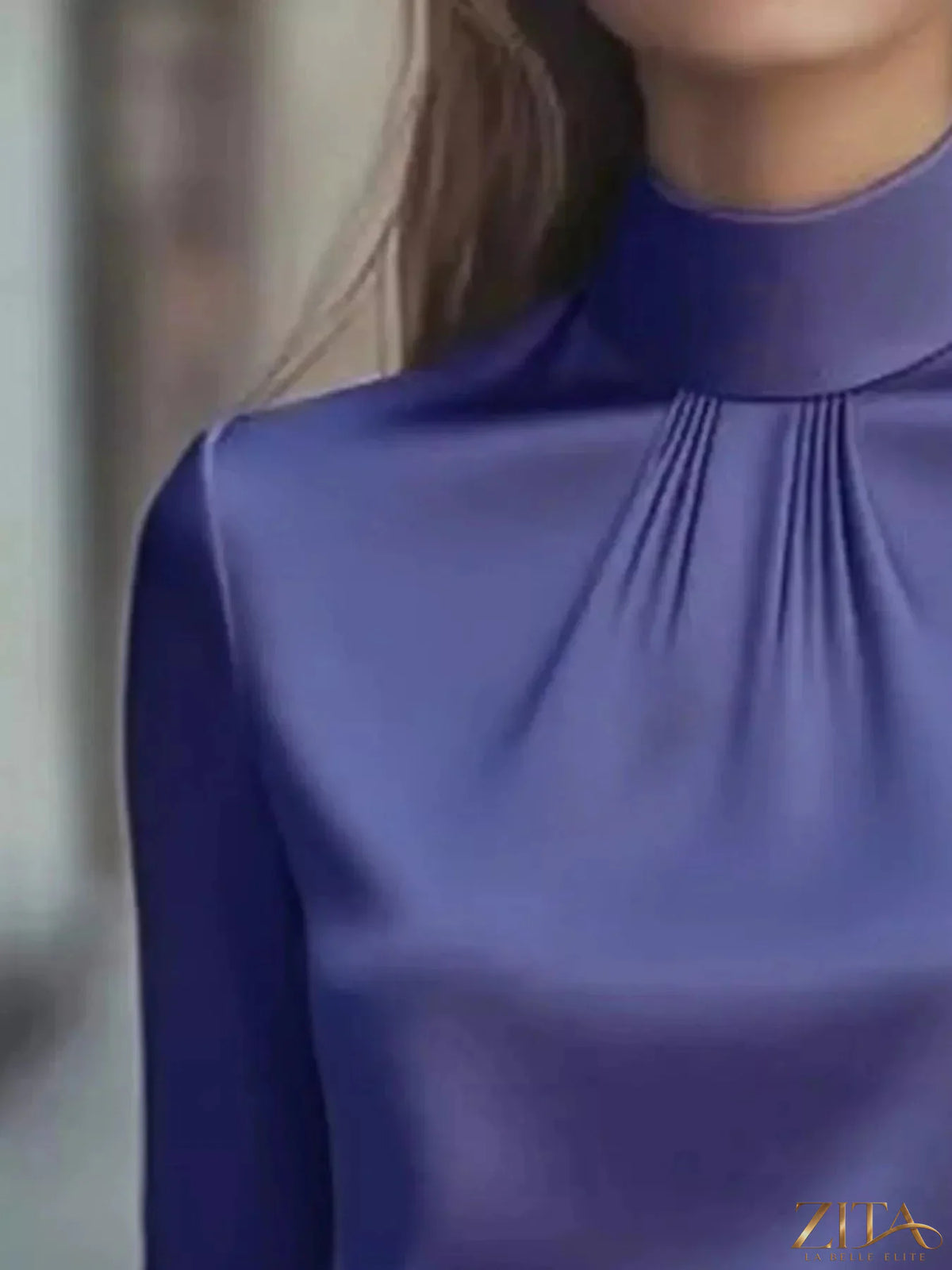 Zita La Belle Elite mock neck long sleeve blouse with pleated detail, featuring a fitted design and elegant fabric.