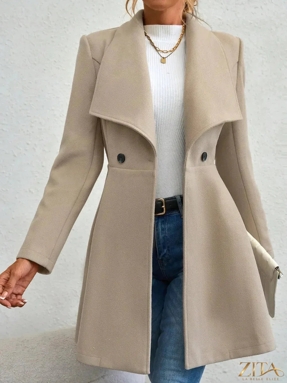 Zita La Belle Elite collared neck button-up long sleeve coat with tailored fit and classic design, shown on a model.