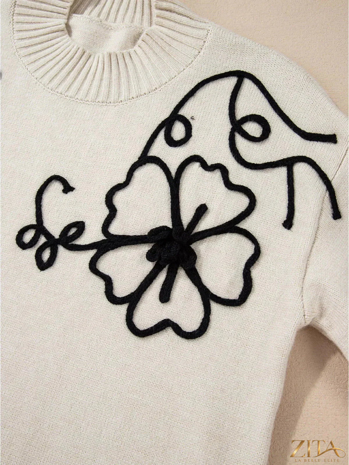 Zita La Belle Elite flower stitching mock neck sweater featuring intricate floral embroidery and a cozy fit.