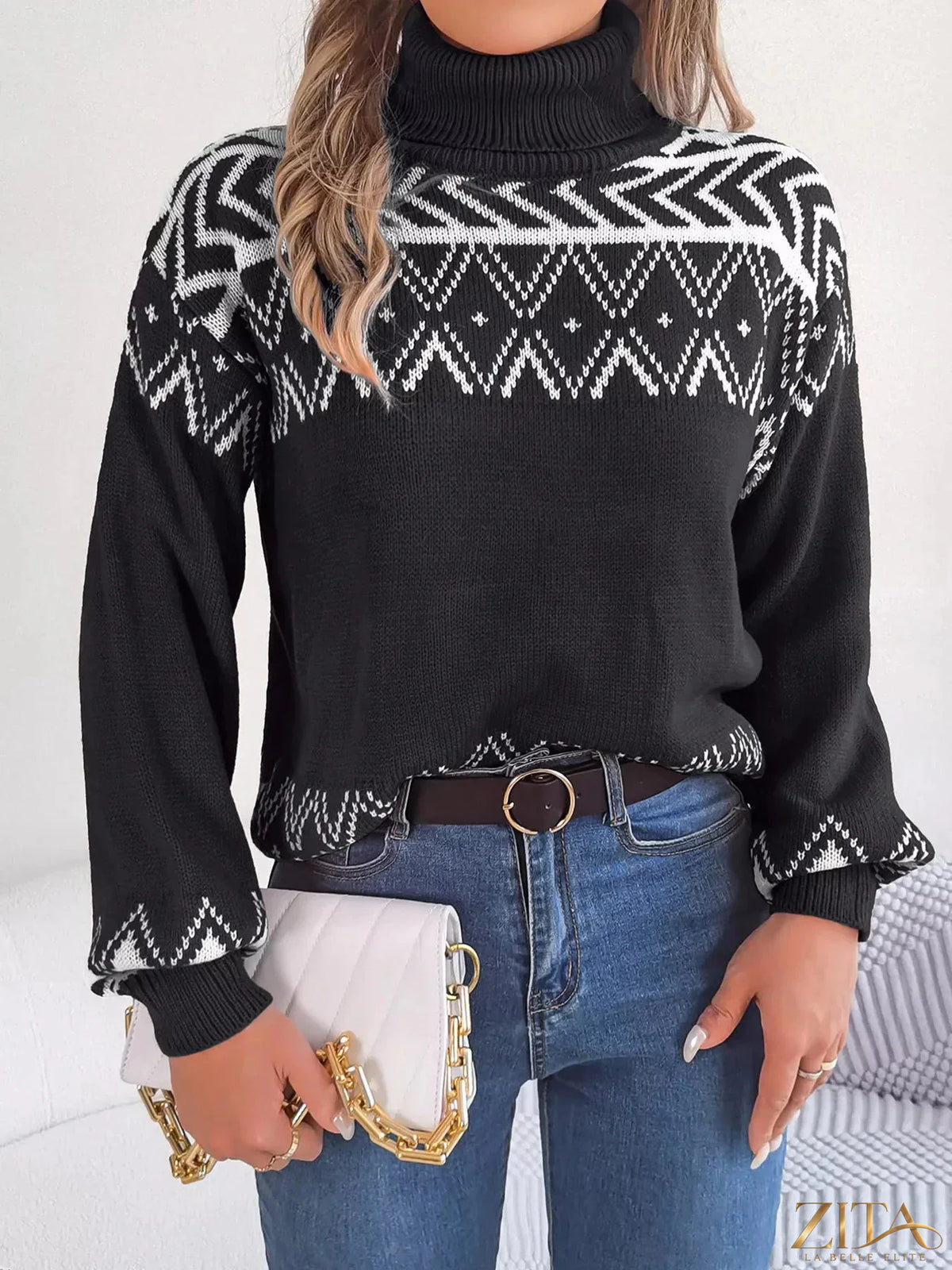 Zita La Belle Elite turtleneck dropped shoulder sweater in soft knit fabric, featuring a relaxed fit and stylish design.