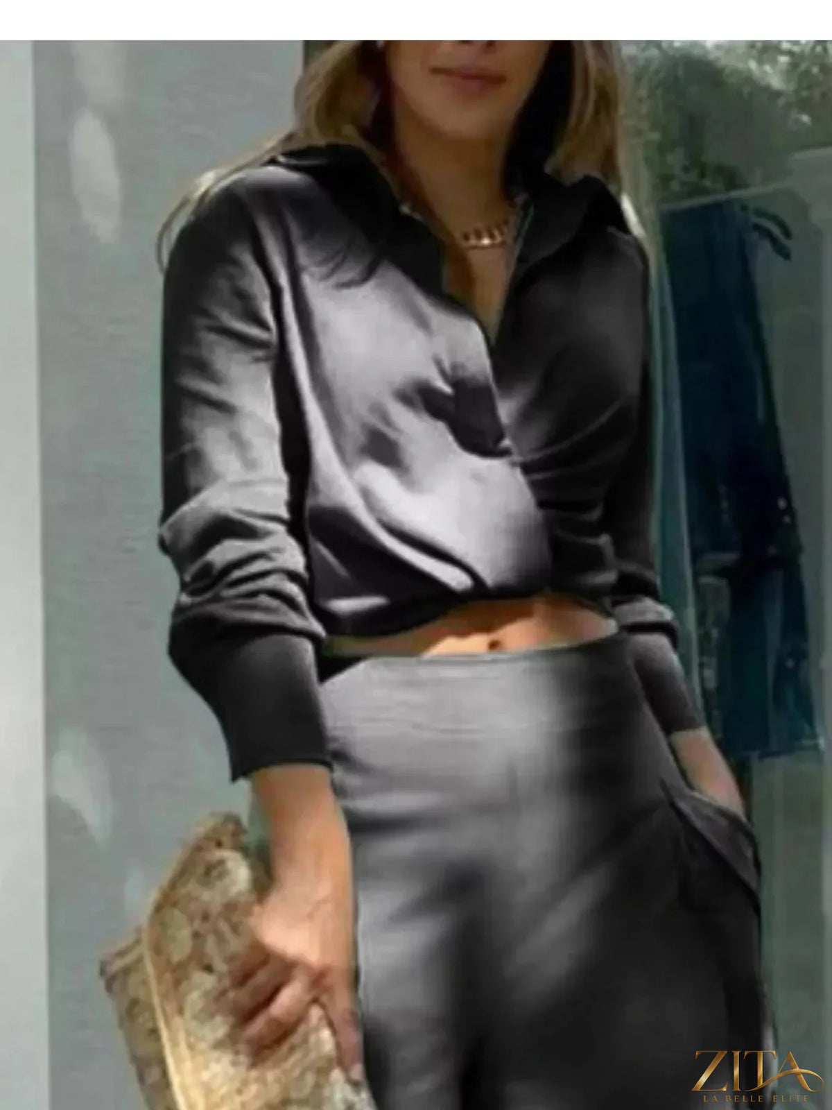 Zita La Belle Elite long sleeve shirt and wide leg pants set, stylish casual outfit with neutral tones and comfortable fit.