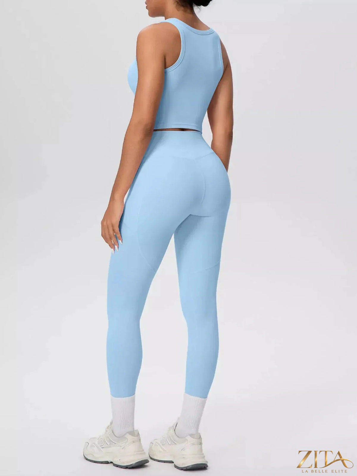 Zita La Belle Elite scoop neck tank top and high-waisted leggings active set, navy blue, form-fitting, perfect for workout or casual wear.