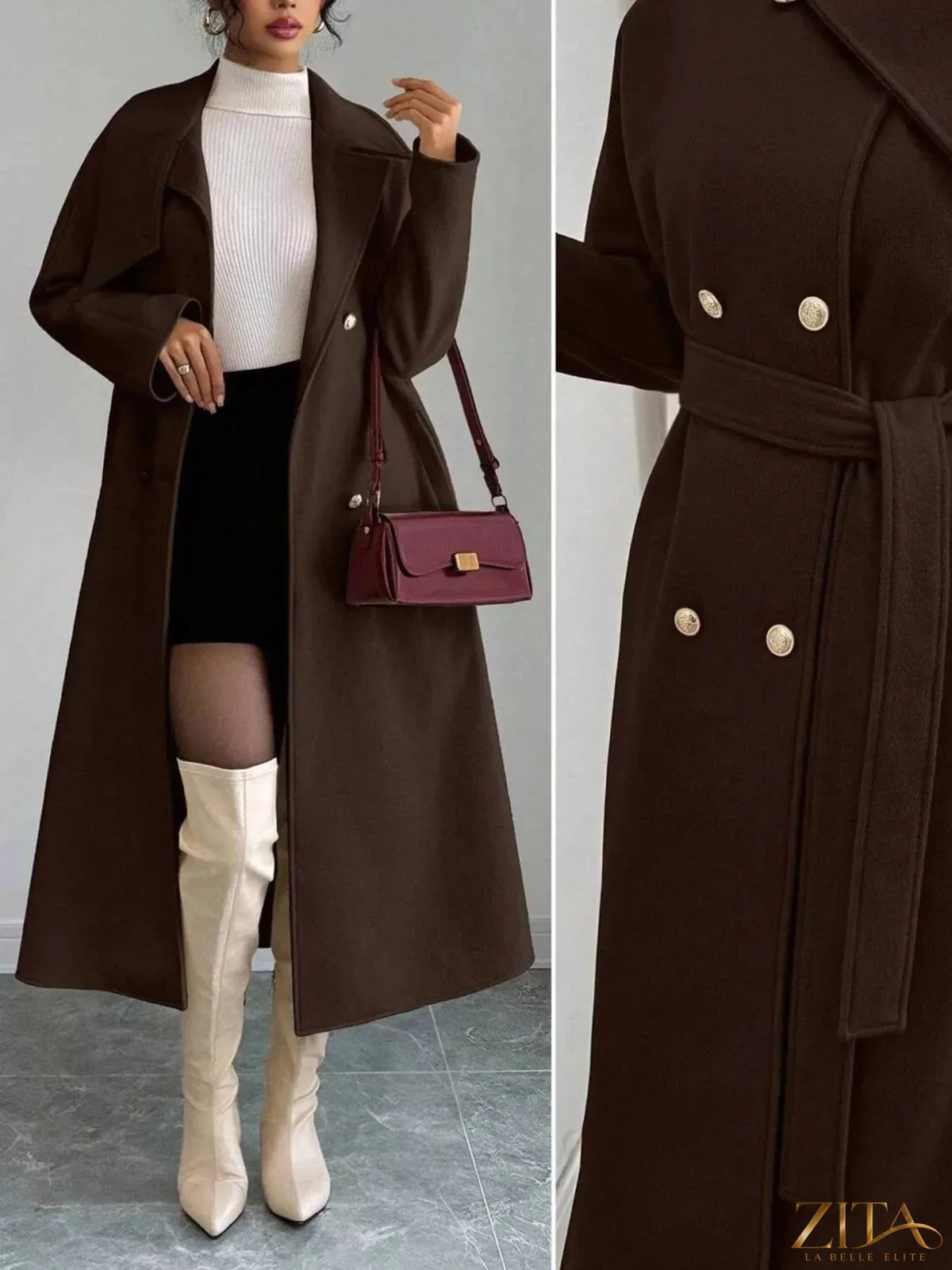 Zita La Belle Elite double-breasted longline coat in neutral fabric, featuring wide lapels and a tailored fit.