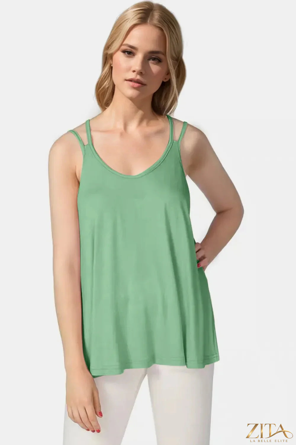 Zita La Belle Elite Basic Bae bamboo cami with scoop neck and double spaghetti straps, lightweight and stylish for everyday wear.
