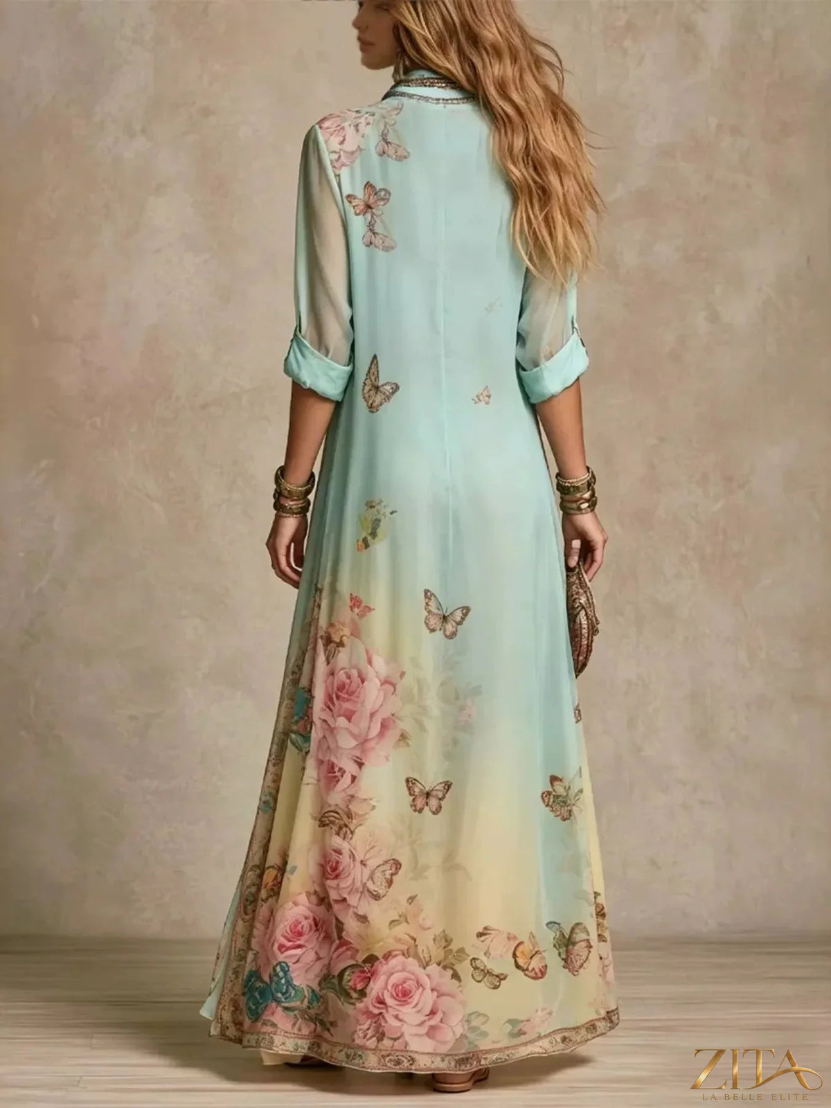 Plus size floral print button-down maxi shirt dress by Zita La Belle Elite, featuring a full-length design and vibrant floral pattern.