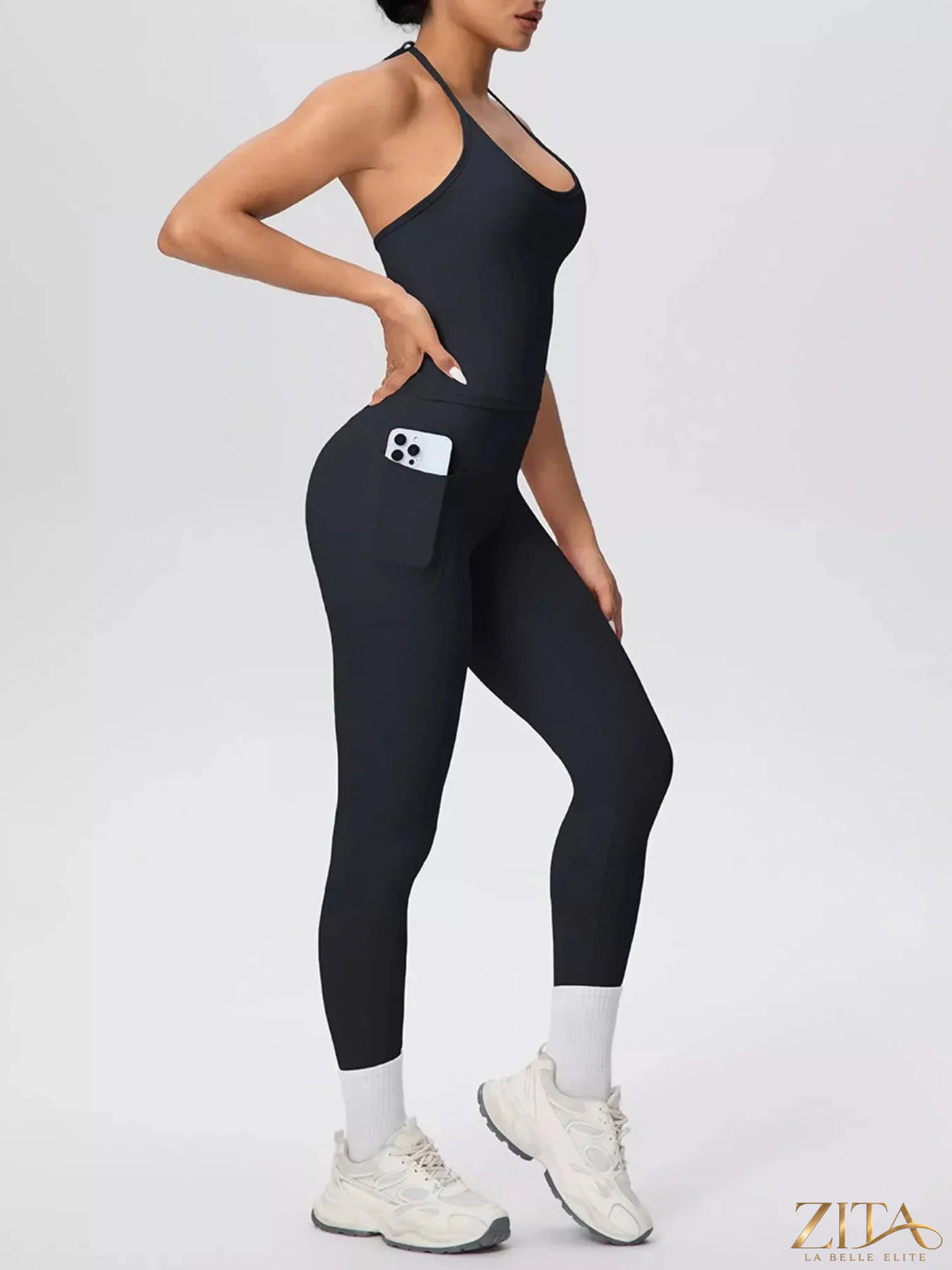 Zita La Belle Elite halter neck cami and high-waisted leggings active set on a model, showcasing stylish workout wear.
