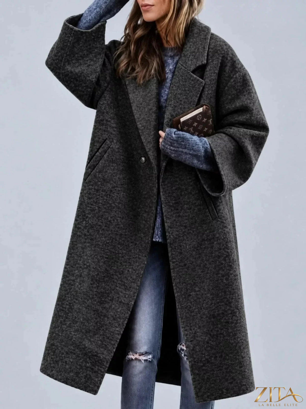 Plus size Zita La Belle Elite full size coat with lapel collar and single button closure, stylish and comfortable for cold weather.
