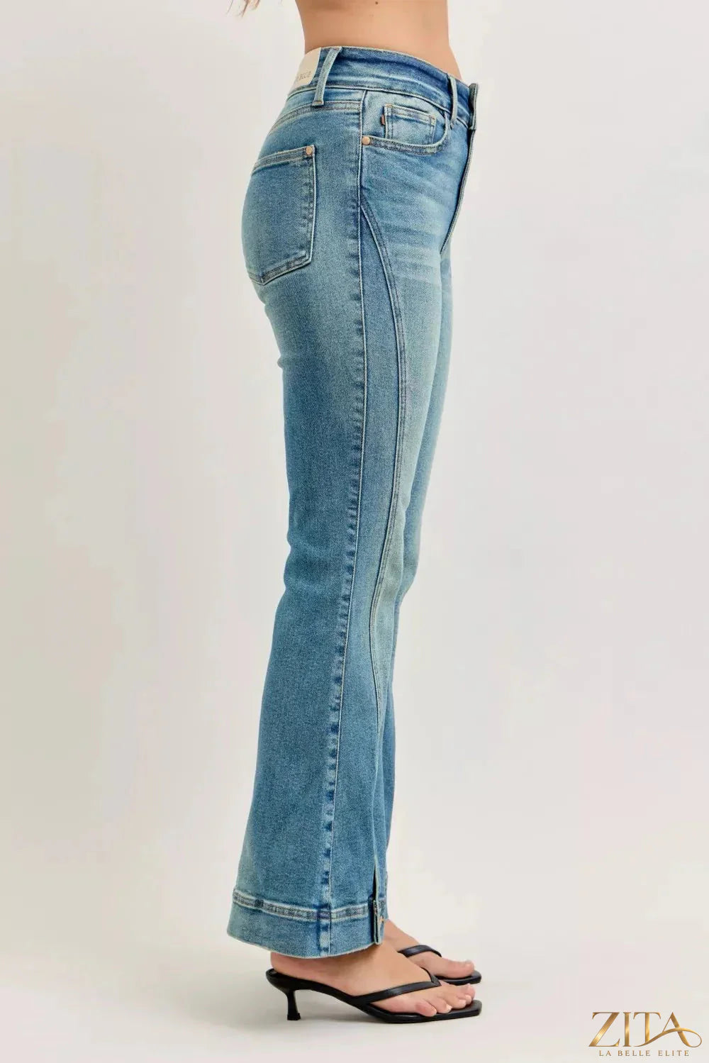Zita La Belle Elite Judy Blue high waist vintage wash flare jeans with distressed details and classic five-pocket design.