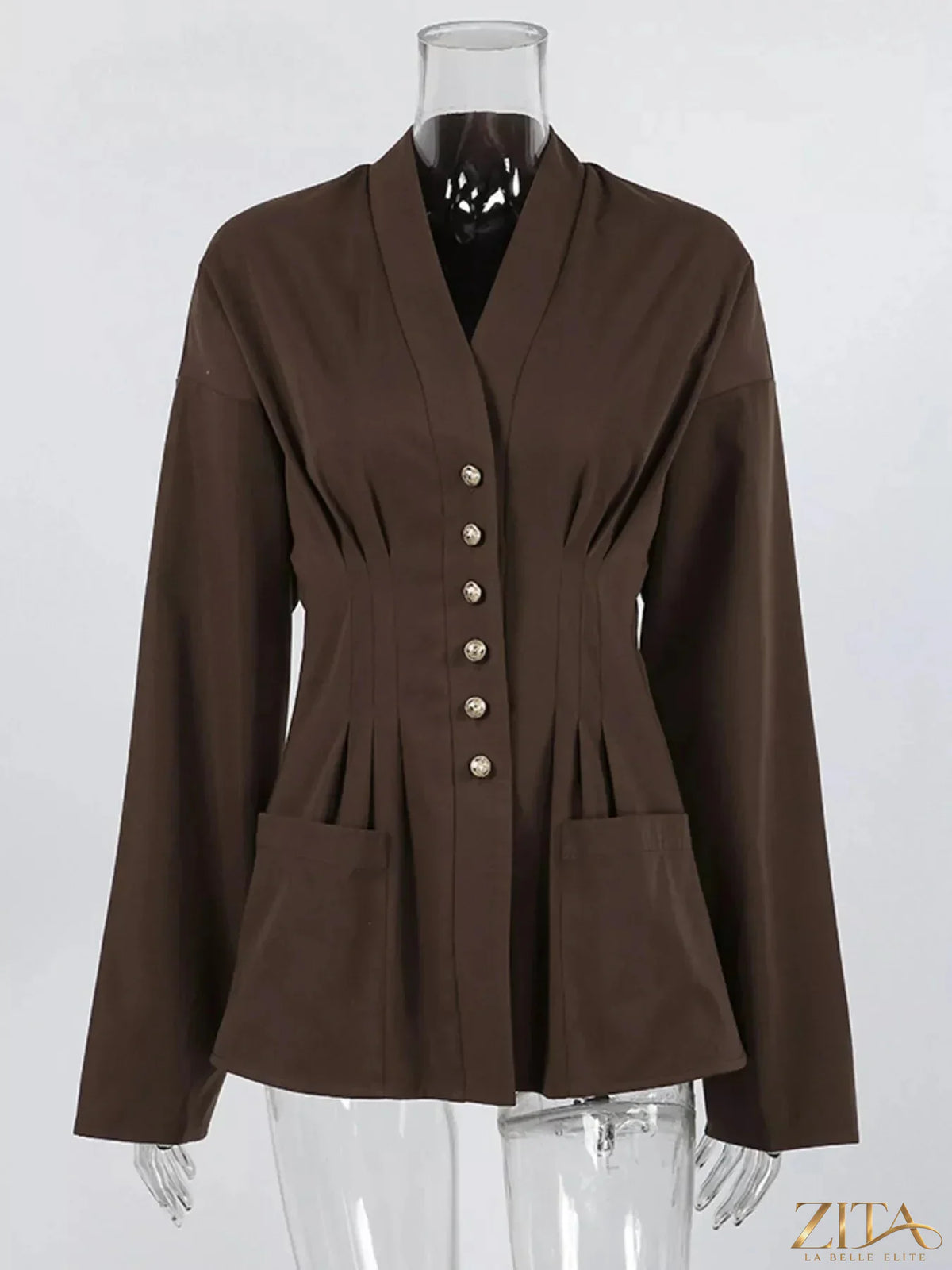 Zita La Belle Elite pleated waist blouse with button detail, featuring a stylish and elegant design with a flattering fit.