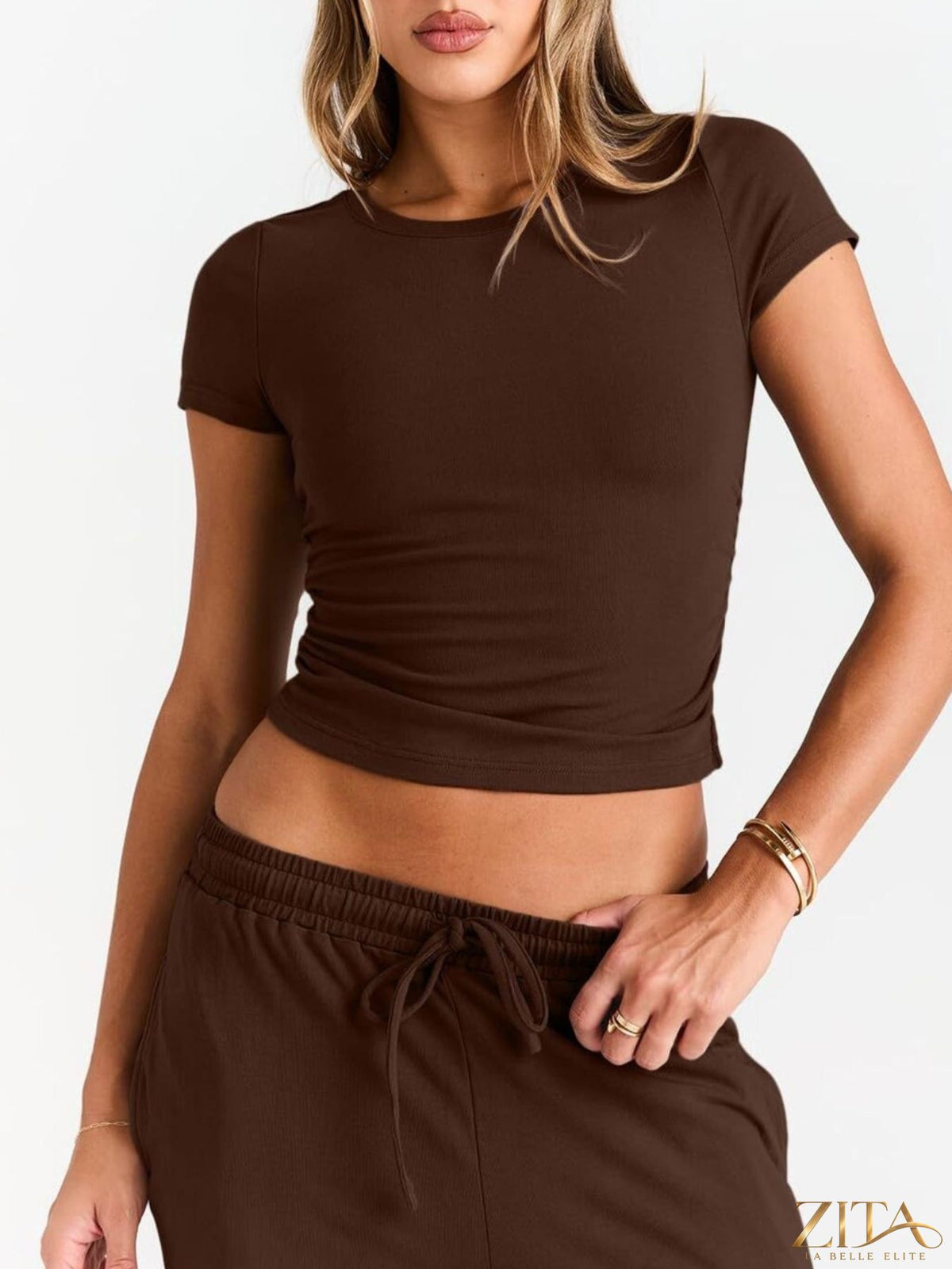 Trendsi round neck short sleeve tee and matching pants set, casual clothing for comfortable everyday wear.