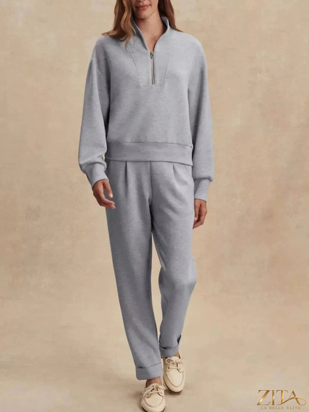 Zita La Belle Elite quarter-zip sweatshirt with wide-leg pants set, featuring a comfortable fit and stylish casual design.