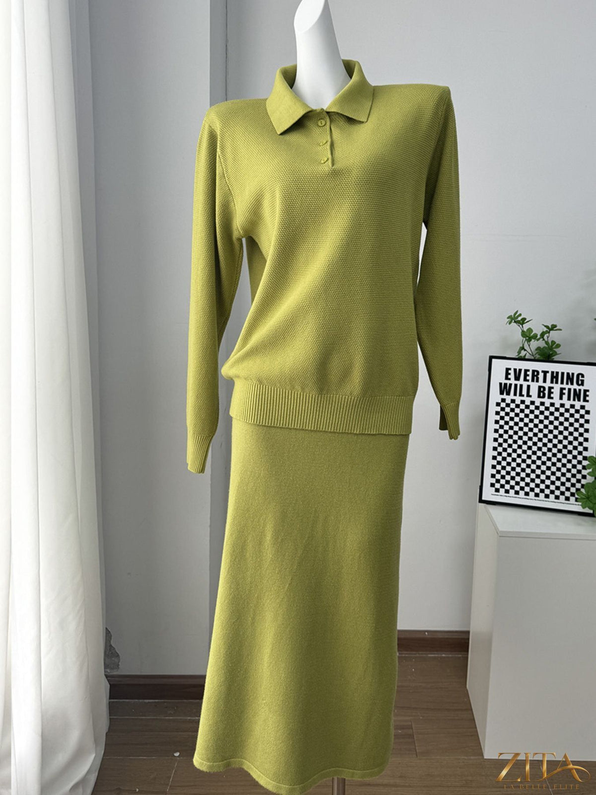 Zita La Belle Elite polo collar knit top with matching pants or skirt, stylish set, soft fabric, and classic design.