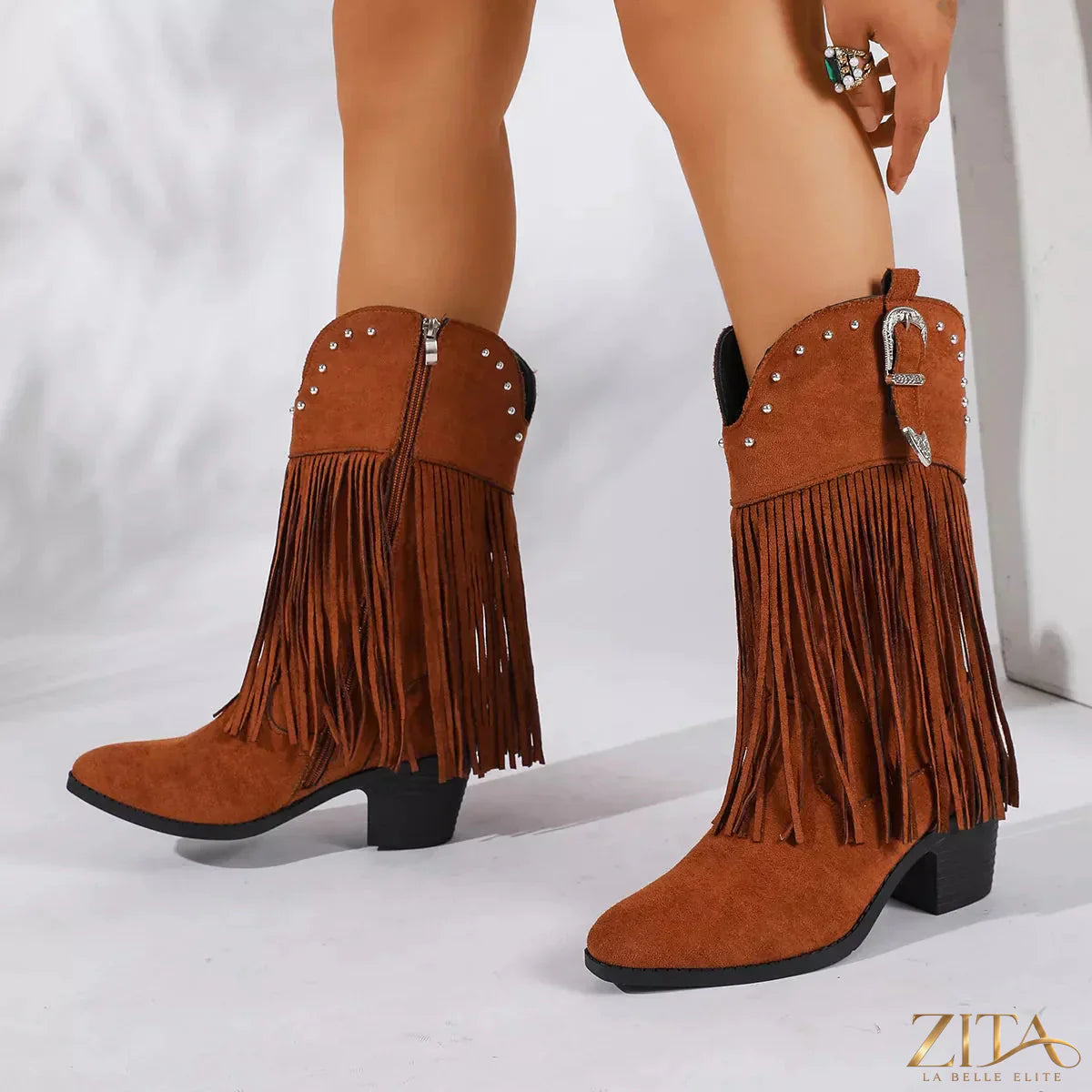 Zita La Belle Elite fringe round toe block heel boots with stylish design and ankle-high fit, shown on a model.