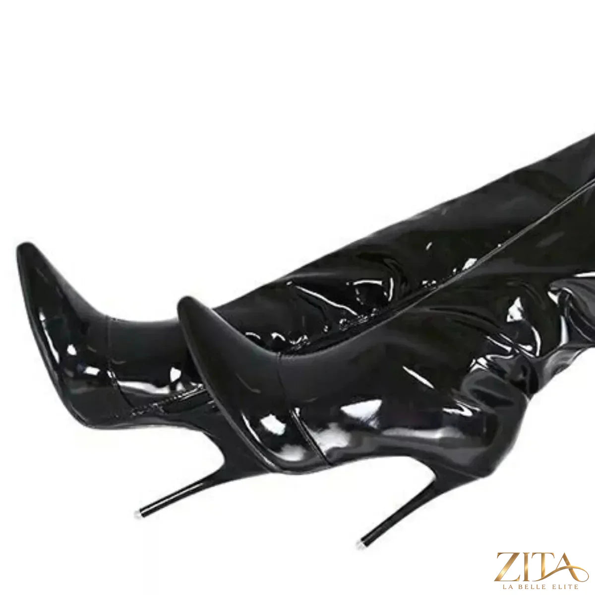 Zita La Belle Elite point toe stiletto boots featuring sleek black leather with a high stiletto heel and pointed toe design.