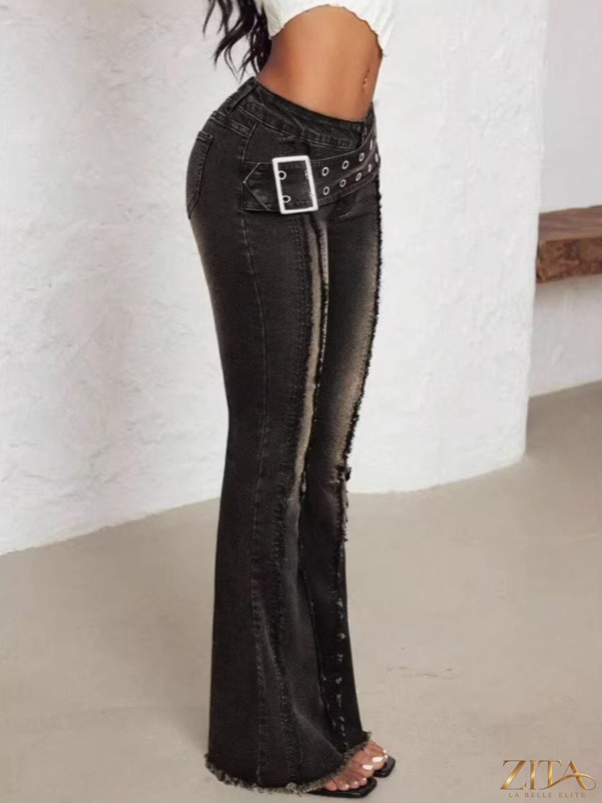Zita La Belle Elite belted high waist flare jeans with front pockets and a stylish fit, displayed on a model against a neutral background.