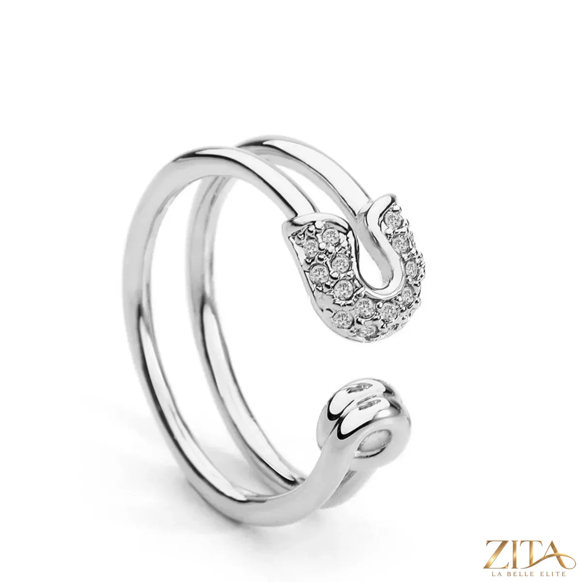 Zita La Belle Elite zircon double band open ring with sparkling stones on silver-tone metal.