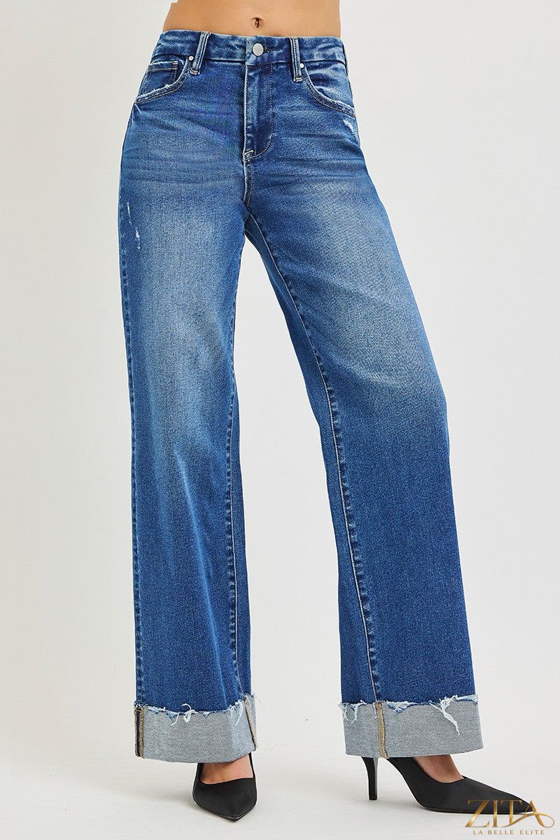 Zita La Belle Elite RISEN high rise wide leg jeans with cuffed hem, showcasing denim fabric and stylish relaxed fit.